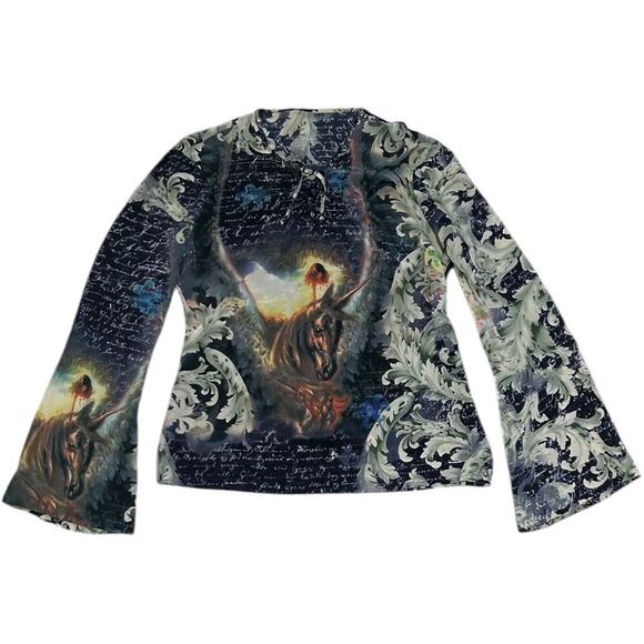 Fairycore Regency 90’s Voyage Silk Unicorn Bell Sleeve Top - Picture 1 of 7